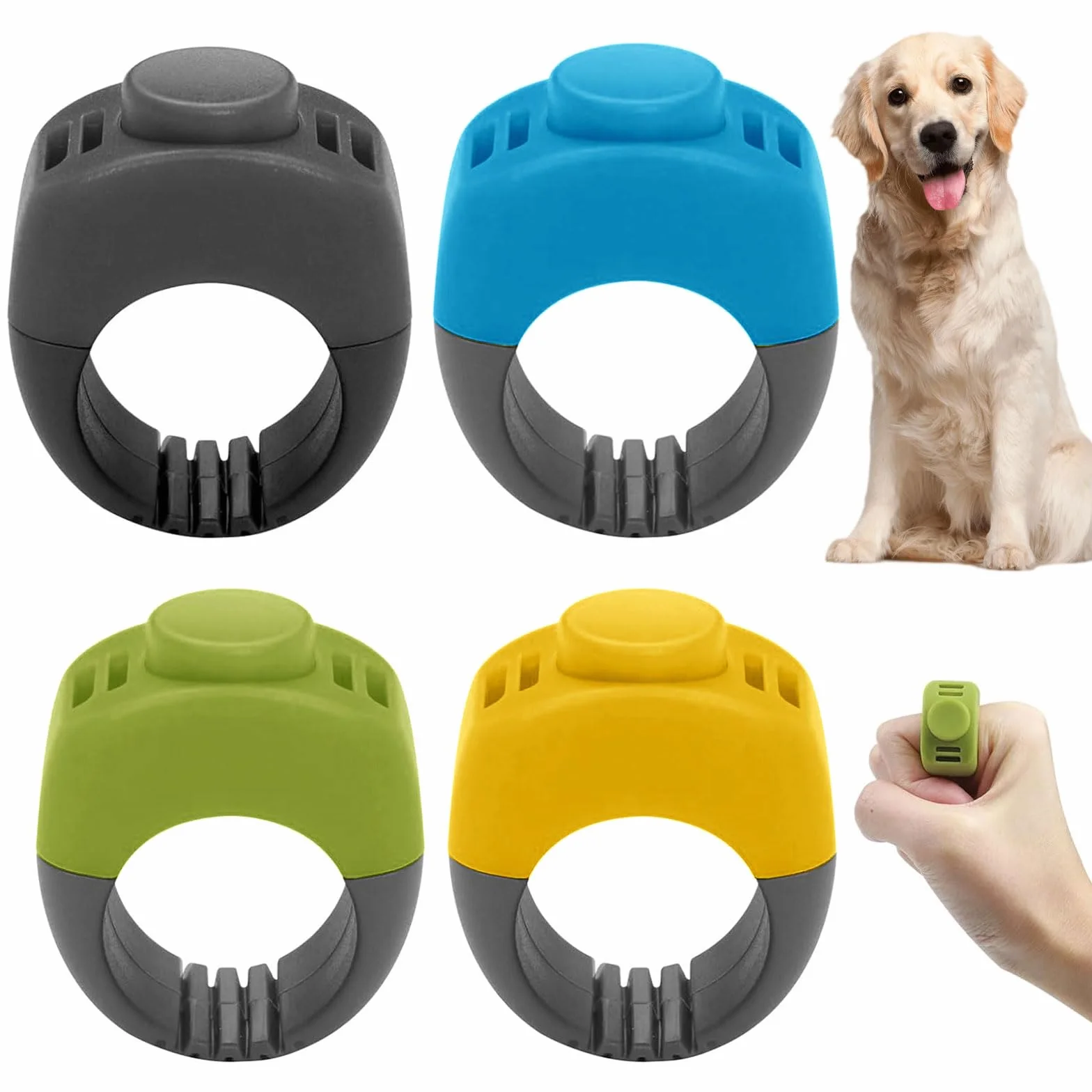 Zestaw 4 zatrzasków dla psa, 19 mm i 21 mm, clicker, kot, psa, akcesoria do treningu psa, kota, konia (zielony, żółty, niebieski, szary)