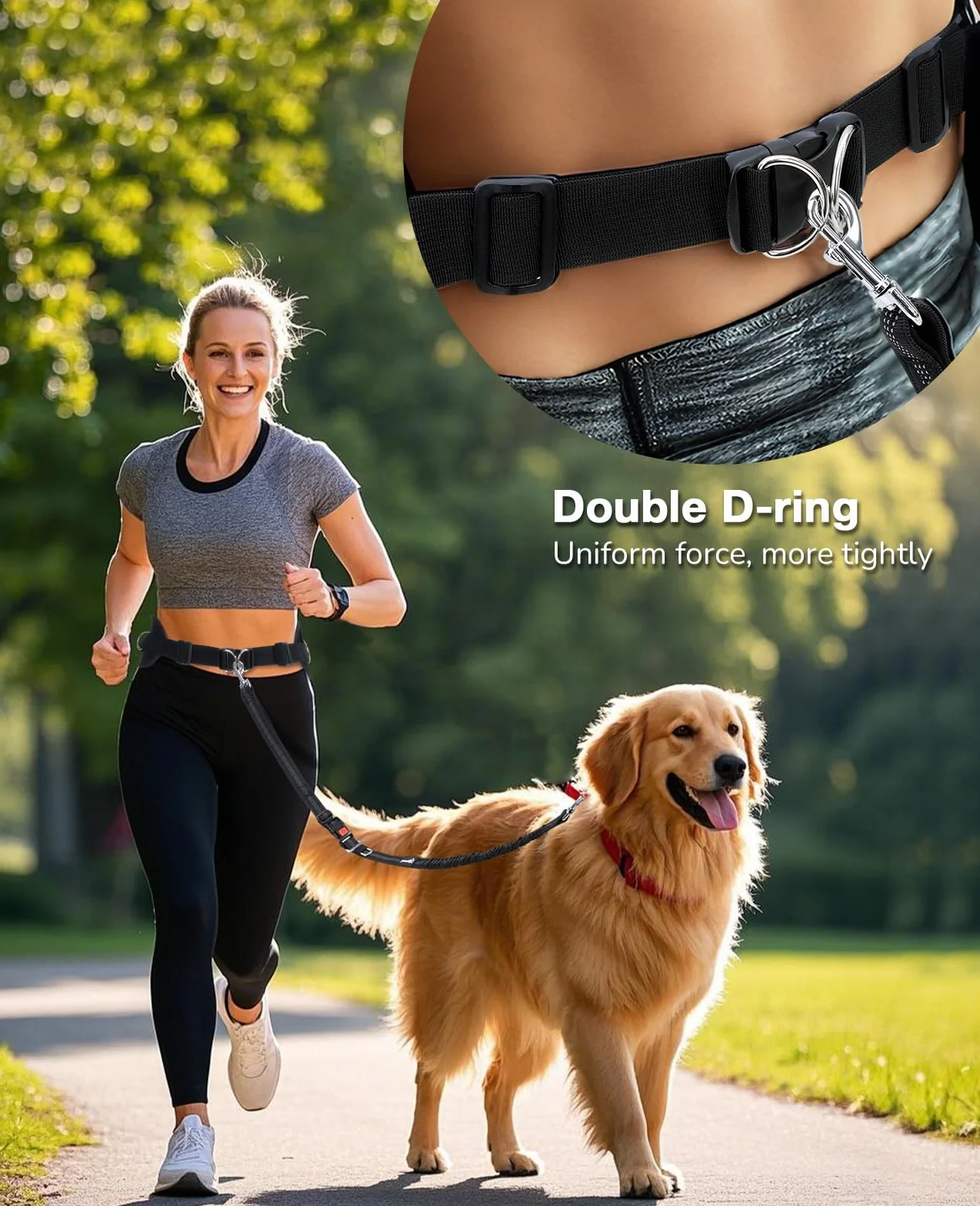 Pecute Smycz dla psa bez użycia rąk, smycz dla psa, spacery, trening, wędrówki, regulowany pas biodrowy i torba na wodę do biegania, joggingu, czarna