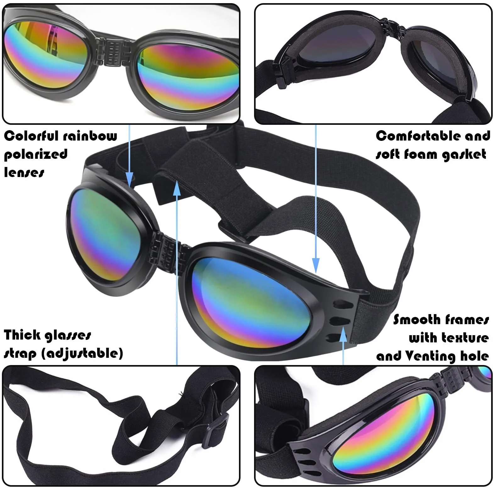 TYXHXTF 2 szt. gogli dla psów, okulary przeciwsłoneczne, wiatroszczelne, ochrona przed UV, przeciwmgielne, wodoodpornie, regulowany pas, okulary dla zwierząt domowych