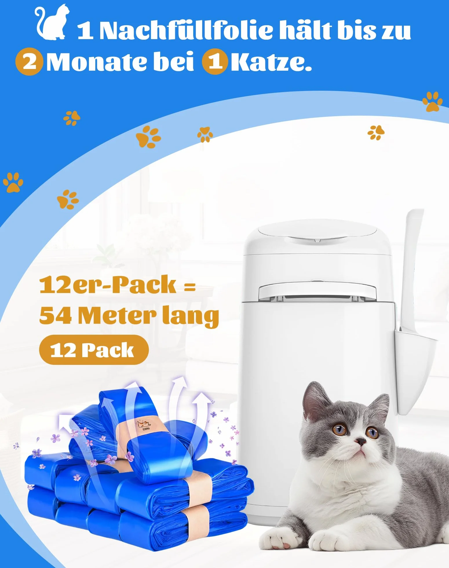 12 kaset uzupełniających do kosza na śmieci dla kotów, folia uzupełniająca, do wiaderka dla kotów, bezzapachowa, z wszystkimi pojemnikami uzupełniającymi