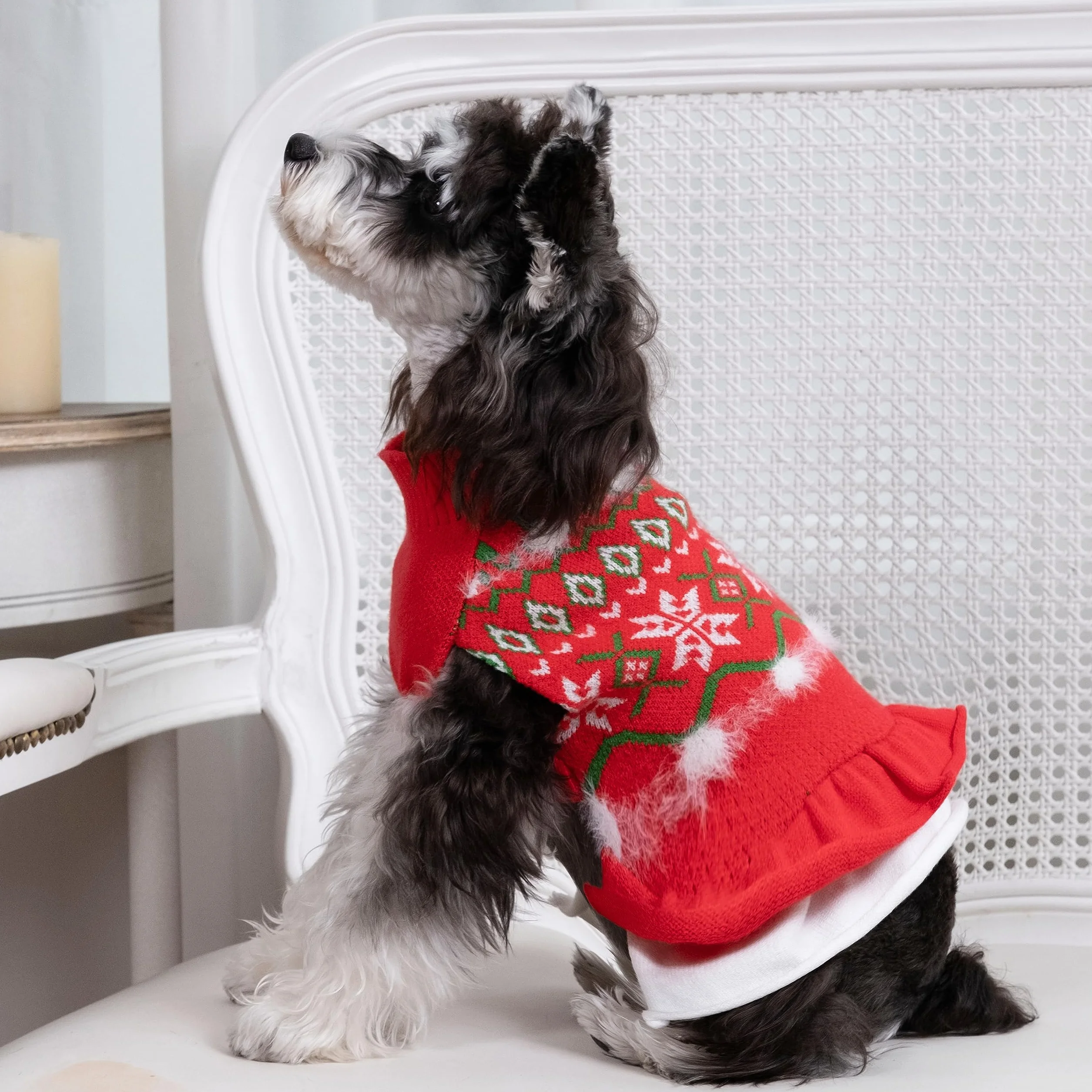 CuteBone Świąteczny czerwony sweter dla psa, sukienka śnieżynka, zimowy płaszcz dla szczeniaka, sukienka z falbanką dla psa, odzież dla kota z otworem na smycz dla małych i średnich psów DS85M-PL