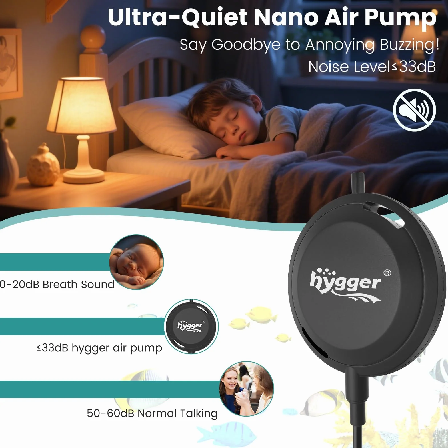 hygger Pompa powietrza do akwarium, cicha, mini pompa tlenowa do akwarium, 1,5 W, bardzo cicha ≤ 33 dB, 420 ml/min, pompa powietrza do akwariów do 40 l, z torbą ssącą, haczykiem wiszącym, wszystkie