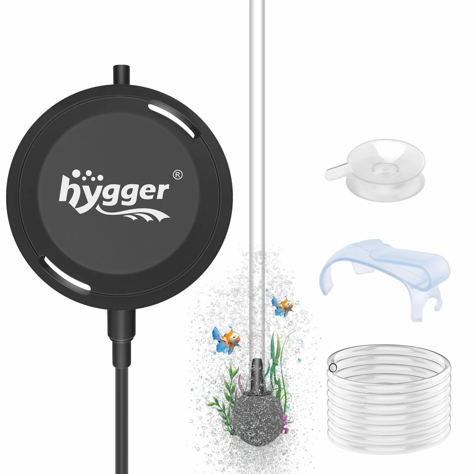 hygger Pompa powietrza do akwarium, cicha, mini pompa tlenowa do akwarium, 1,5 W, bardzo cicha ≤ 33 dB, 420 ml/min, pompa powietrza do akwariów do 40 l, z torbą ssącą, haczykiem wiszącym, wszystkie