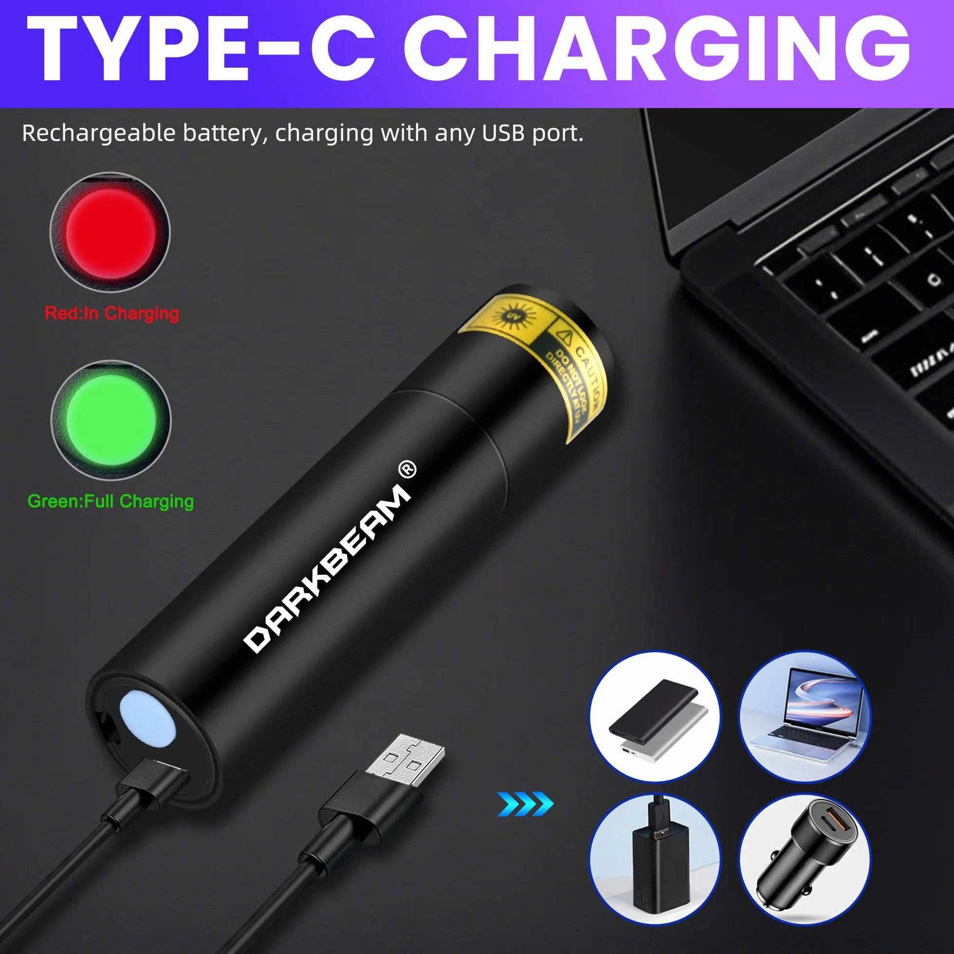 DARKBEAM 365nm UV latarka Mini Schwarzlicht – ładowalna przez USB mocna UV LED latarka, przenośna lampa Woodsa, detektor do utwardzania żywicy, lampa bursztynowa, wykrywacz moczu zwierząt domowych