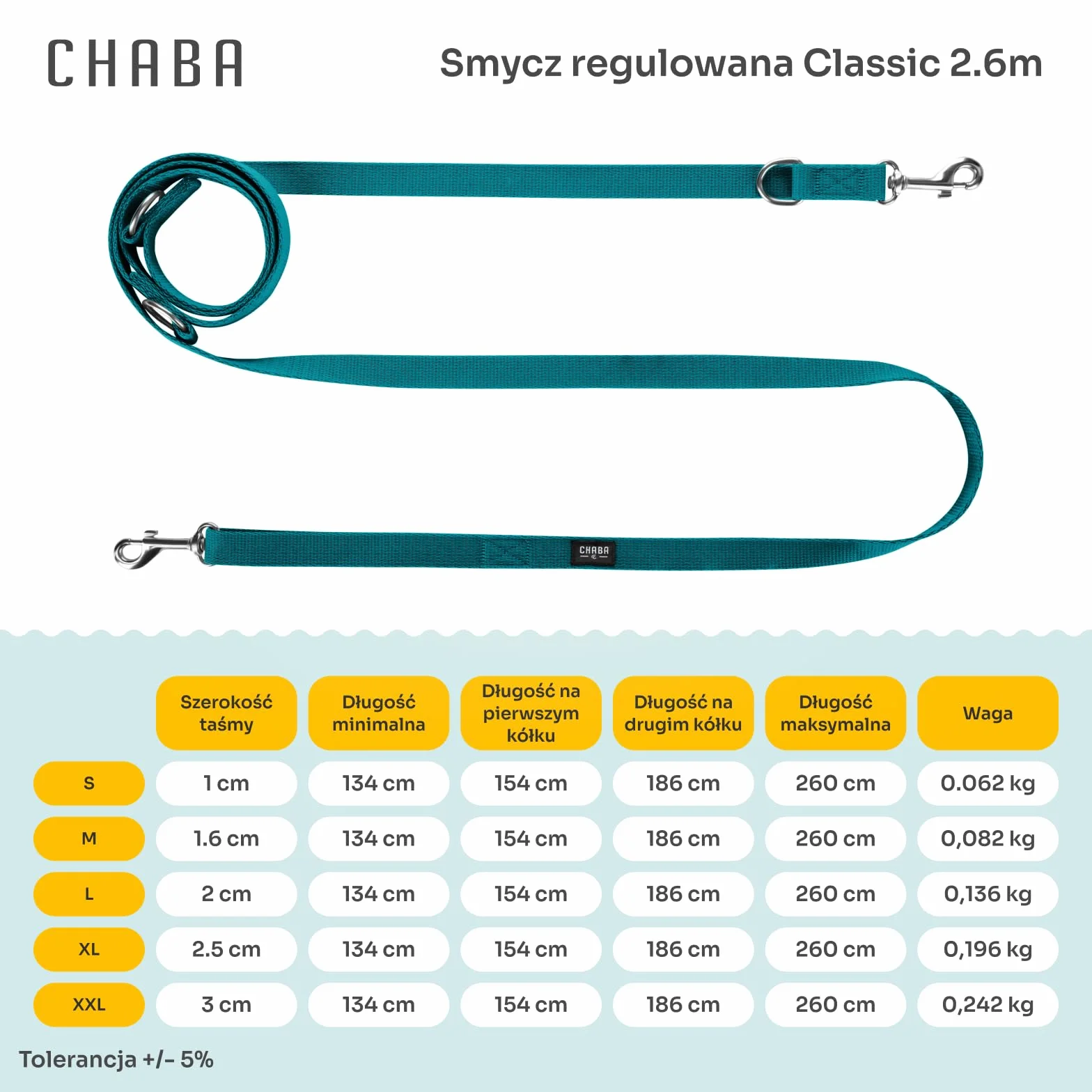 Chaba Smycz dla Psa Średniego Psa | Regulowana 1.35-2.6m | Szerokość 2cm | Spacer z dwoma psami na jednej smyczy | 2 Mocne, obrotowe karabińczyki | Lekka | 2 Możliwości noszenia | MORSKA, L