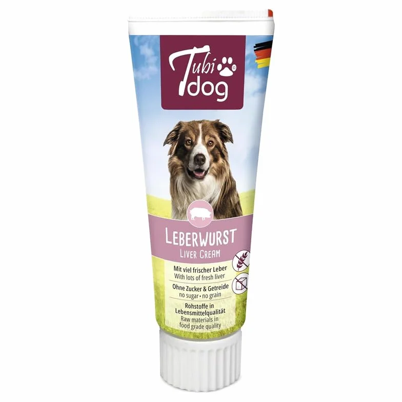 Tubi DOG Delikatess kiełbasa wątrobowa z tubki dla psów, 4 sztuki w opakowaniu, 4 x 75 g, praktyczna tubka Soft-Touch, bezcukrowa, niskotłuszczowa pasta przekąskowa bez substancji konserwujących
