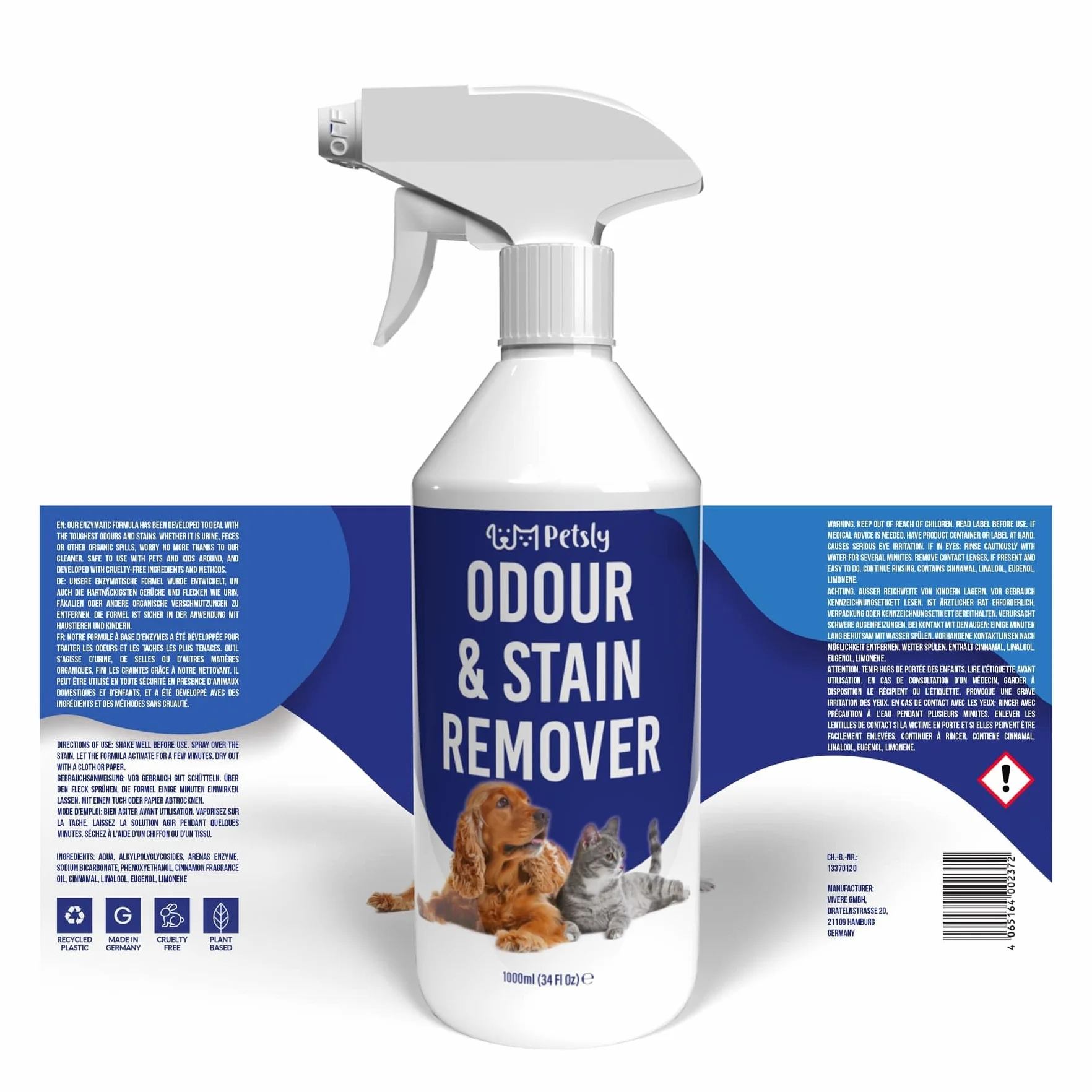 Petsly Pet Odour Remover Spray - 1L - Enzymatyczny środek do czyszczenia moczu kotów i psów - Usuwa zapachy i plamy z tkanin (dywany, sofy) i powierzchni (drewno, marmur) - Zapach cynamonu