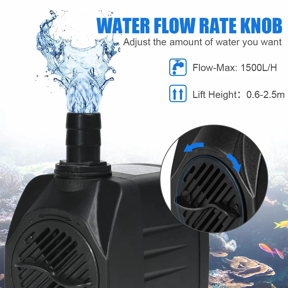 Flintronic Zatapialna Pompa Wodna 25 W 1500 l/wys., Cicha 400 Gph 2,2 m/7,2 m Do Akwarium, Fontanny, Statuetki, Hydroponiki, 4 Przyssawki, Przewód 1,4 m