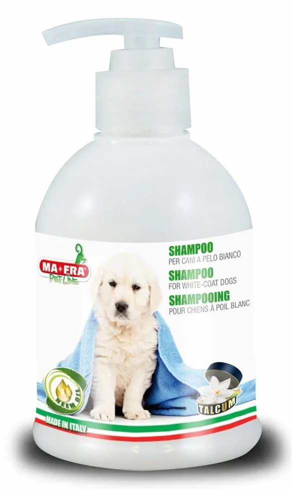 Ma-Fra, Szampon oczyszczający dla psów 250ml, z olejkiem neem, specjalnie do głębokiego czyszczenia białej sierści, eliminuje nieestetyczny żółtawy kolor sierści, naturalna formuła przyjazna dla skóry