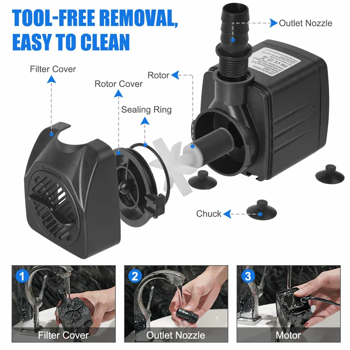 Flintronic Zatapialna Pompa Wodna 25 W 1500 l/wys., Cicha 400 Gph 2,2 m/7,2 m Do Akwarium, Fontanny, Statuetki, Hydroponiki, 4 Przyssawki, Przewód 1,4 m