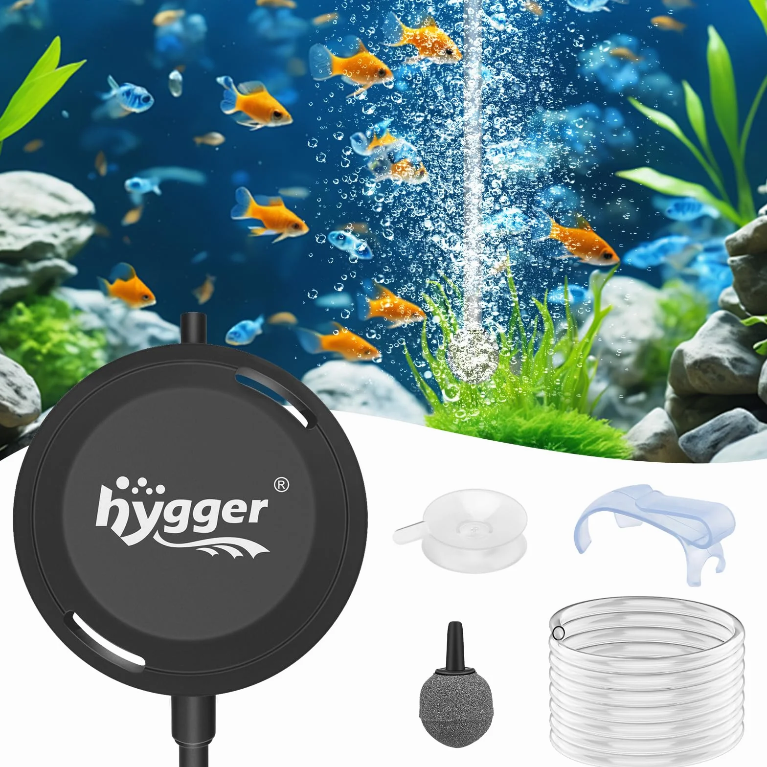 hygger Pompa powietrza do akwarium, cicha, mini pompa tlenowa do akwarium, 1,5 W, bardzo cicha ≤ 33 dB, 420 ml/min, pompa powietrza do akwariów do 40 l, z torbą ssącą, haczykiem wiszącym, wszystkie