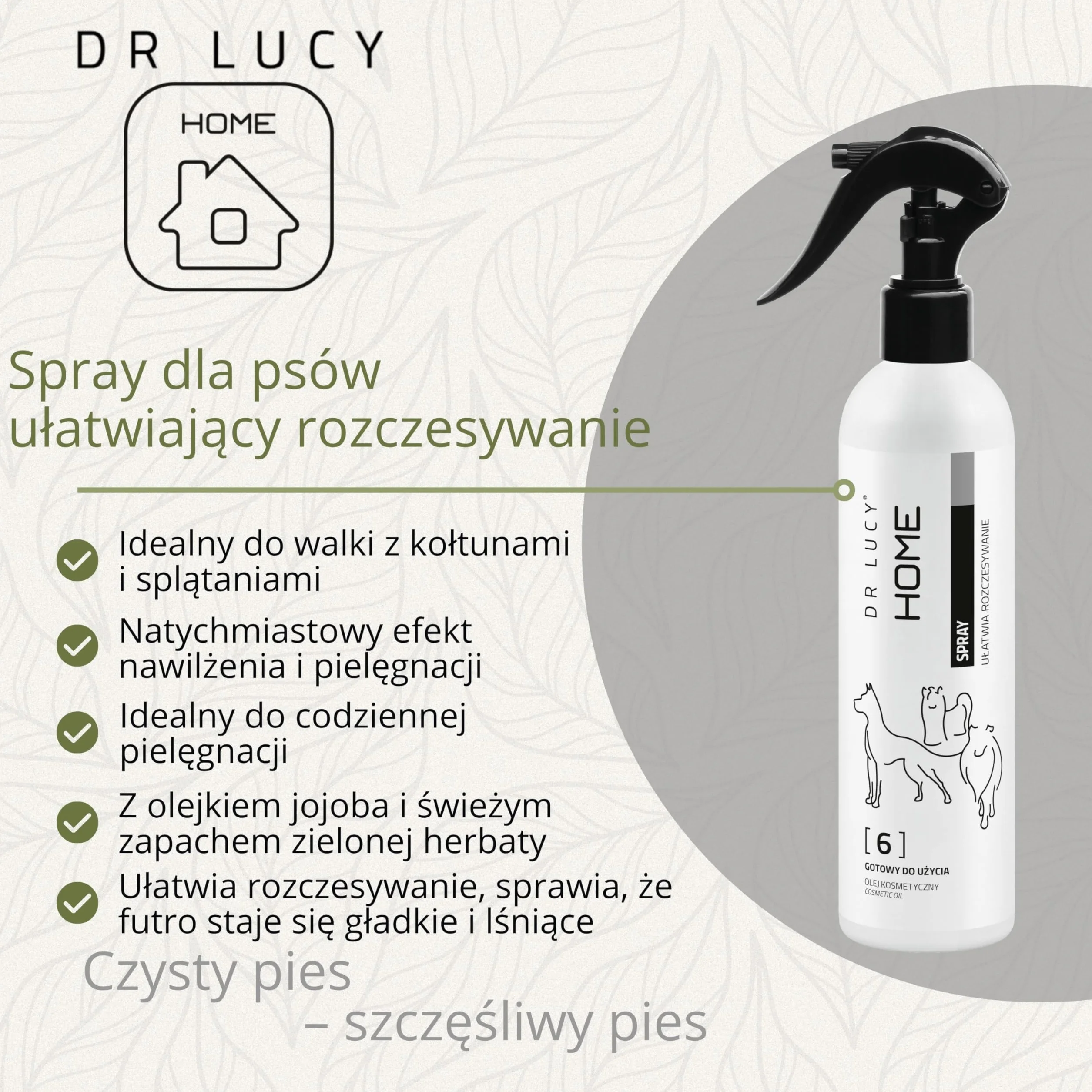 DR LUCY Home 6 spray dla psów do łatwego rozplątywania, do wszystkich rodzajów sierści, nawilżający i regenerujący, nadaje połysk, ułatwia rozczesywanie, 250 ml