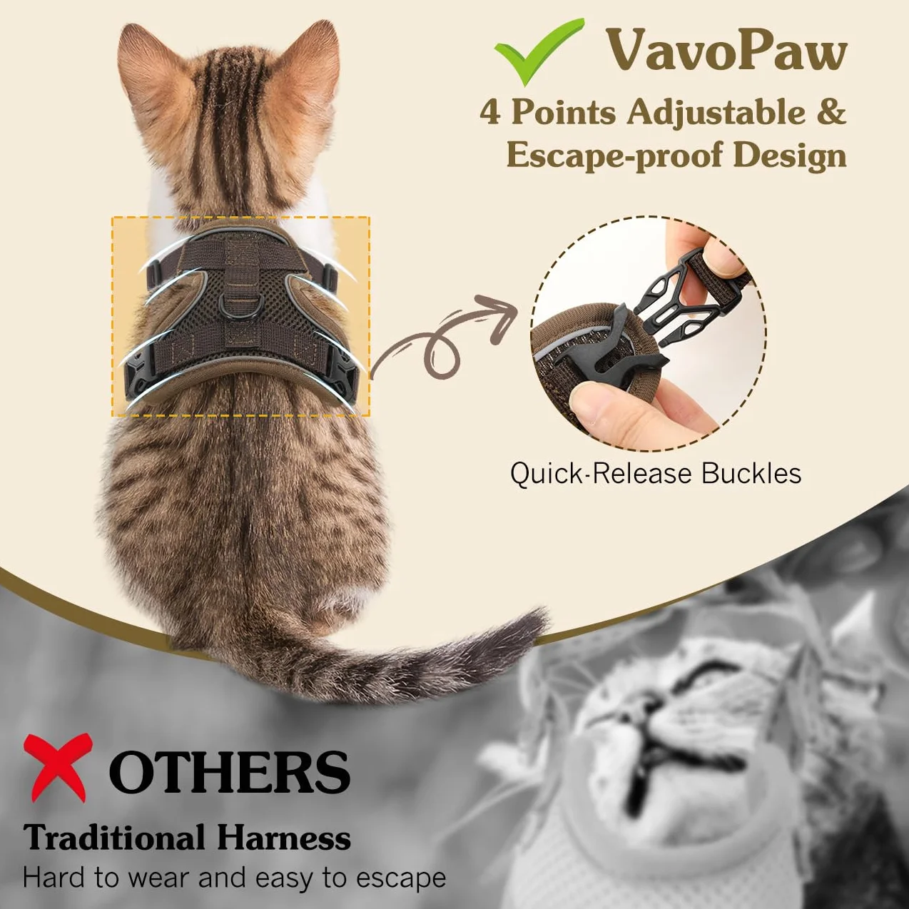 VavoPaw Cat Harness and Leash Set for Walking, Adjustable Kitten Vest Harness with Reflective Strip Breathable Mesh, Escape Proof Soft Pet Safety Vest for Cats, Kittens, Puppies, S Coffee