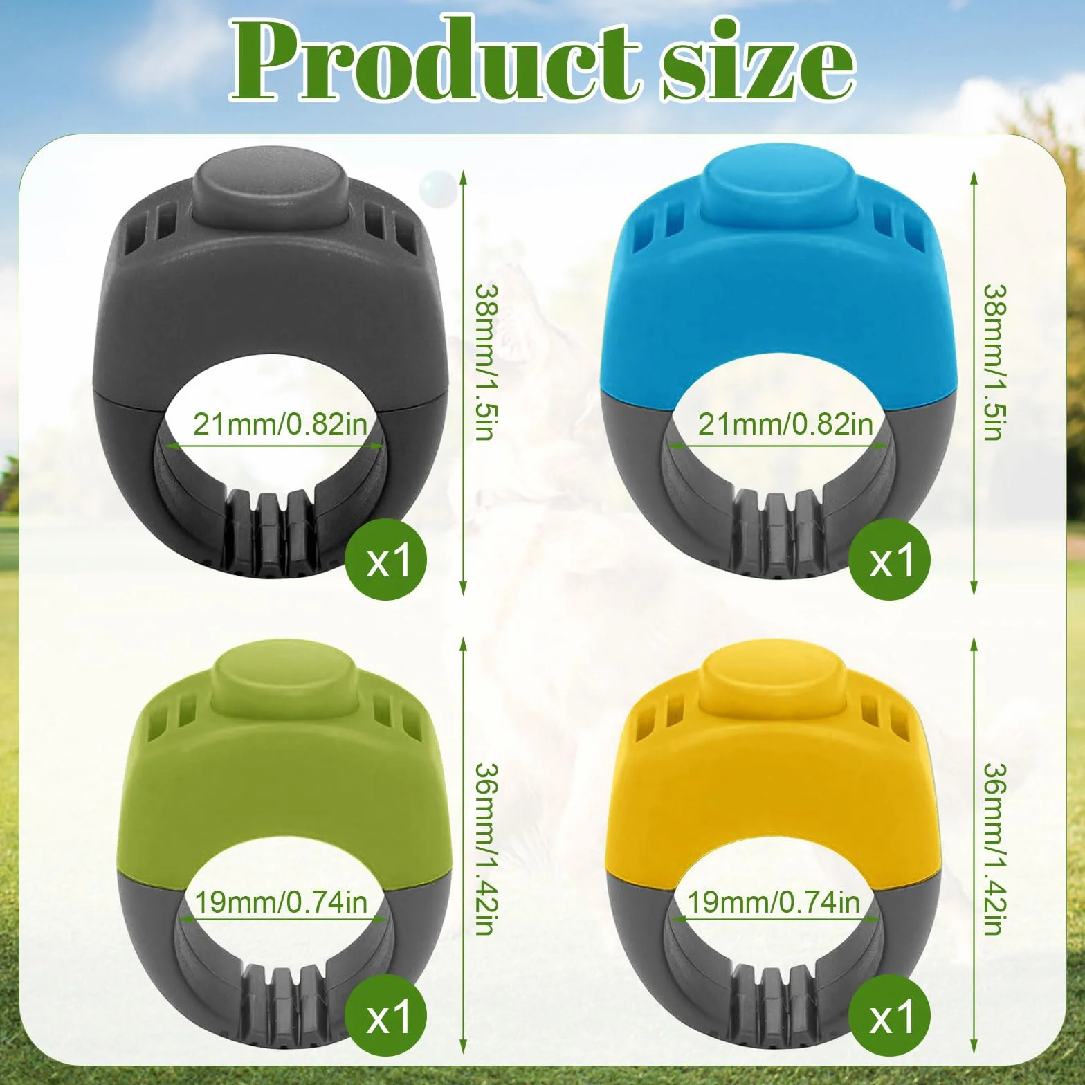 Zestaw 4 zatrzasków dla psa, 19 mm i 21 mm, clicker, kot, psa, akcesoria do treningu psa, kota, konia (zielony, żółty, niebieski, szary)