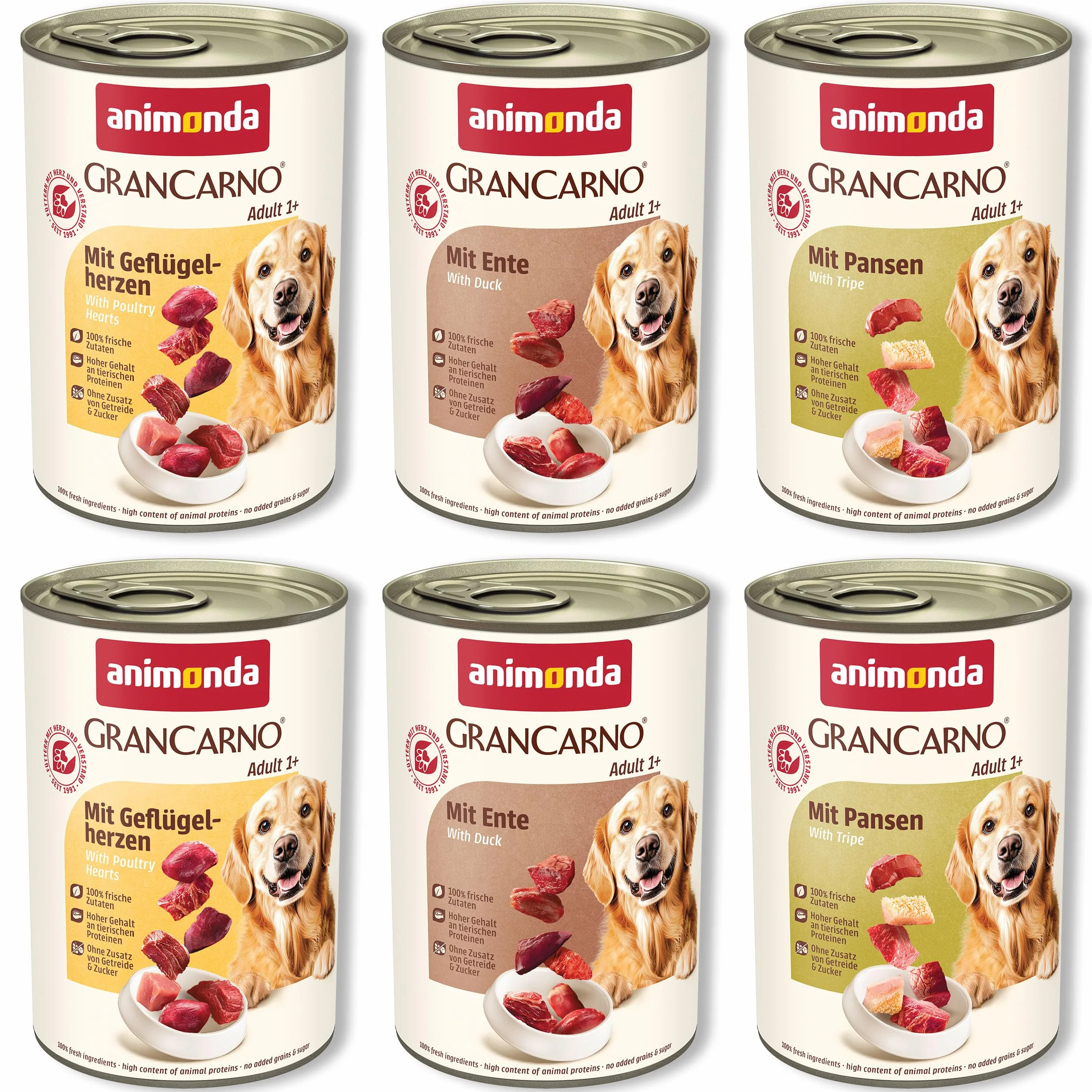 animonda Grancarno Adult Deftige Variation (6 x 400 g), mokra karma dla dorosłych zwierząt, mokra karma dla psów ze 100% świeżymi, mięsistymi składnikami, karma dla psów bez zbóż