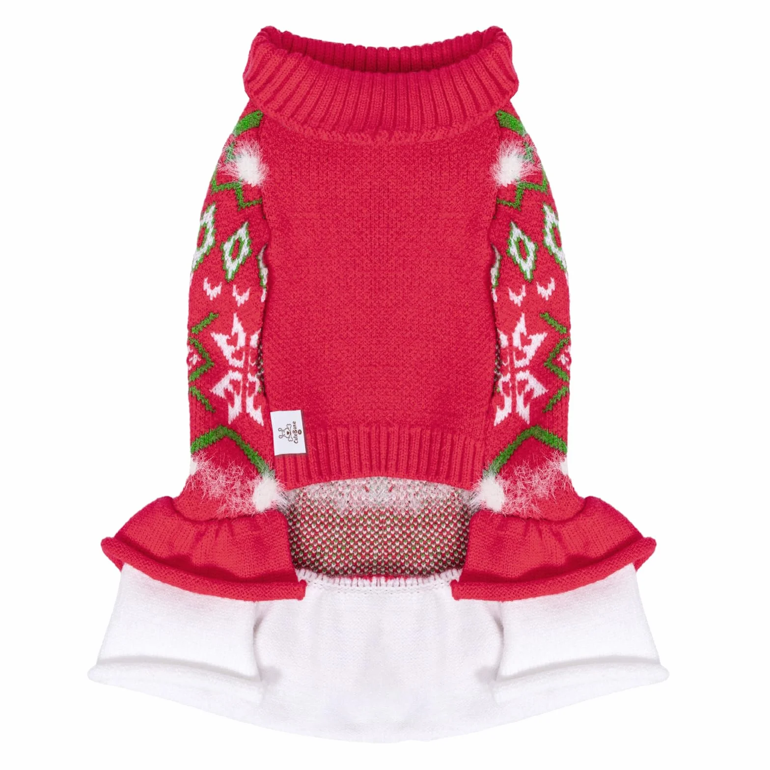 CuteBone Świąteczny czerwony sweter dla psa, sukienka śnieżynka, zimowy płaszcz dla szczeniaka, sukienka z falbanką dla psa, odzież dla kota z otworem na smycz dla małych i średnich psów DS85M-PL