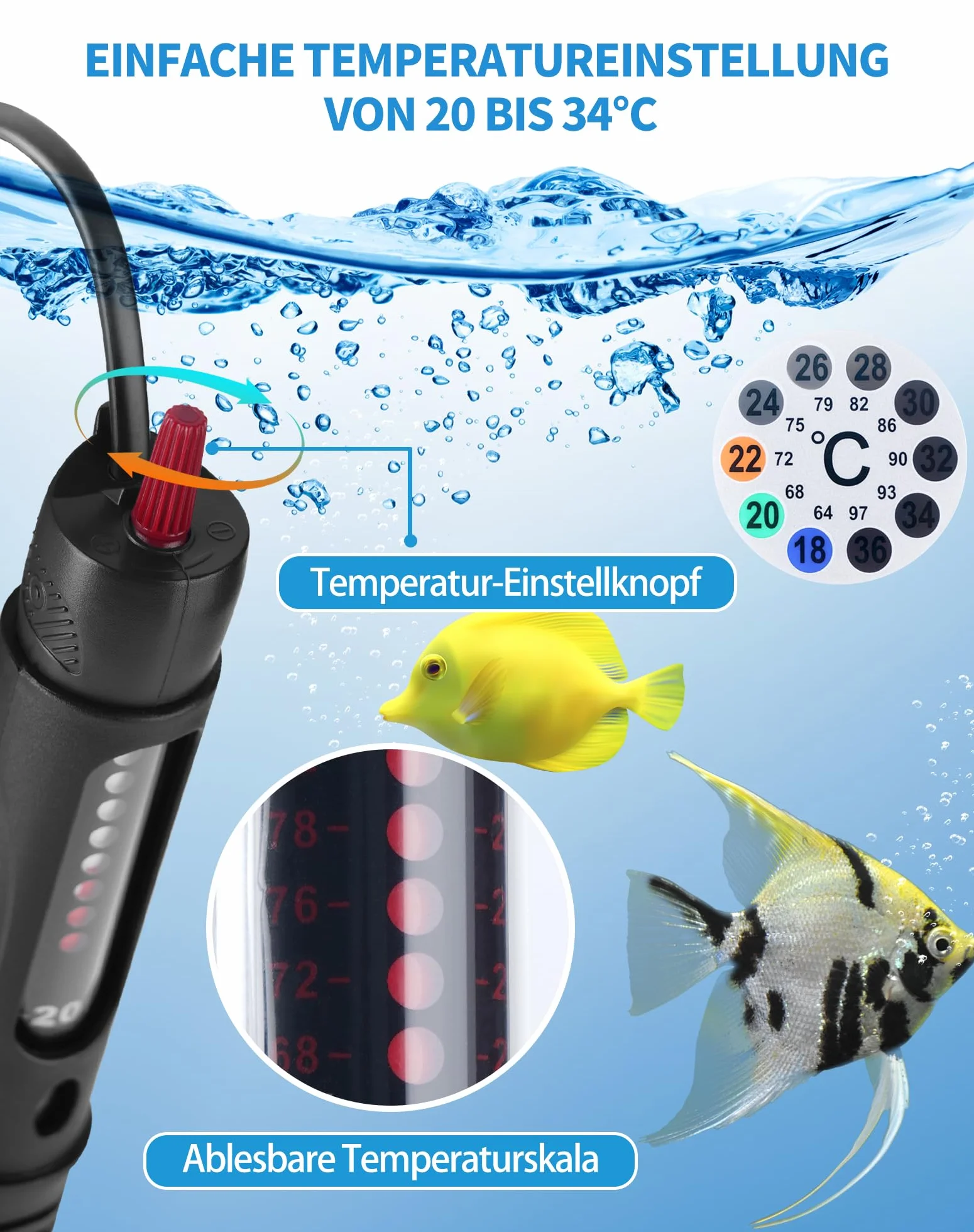 LAOYE Grzałka do akwarium 30L Grzałka akwariowa 25W Temperatura Regulowana Grzejnik do akwarium z lampką kontrolną przyssawkami osłoną ochronną Grzałka akwariowa do akwariów zbiorników na ryby, 20-34°
