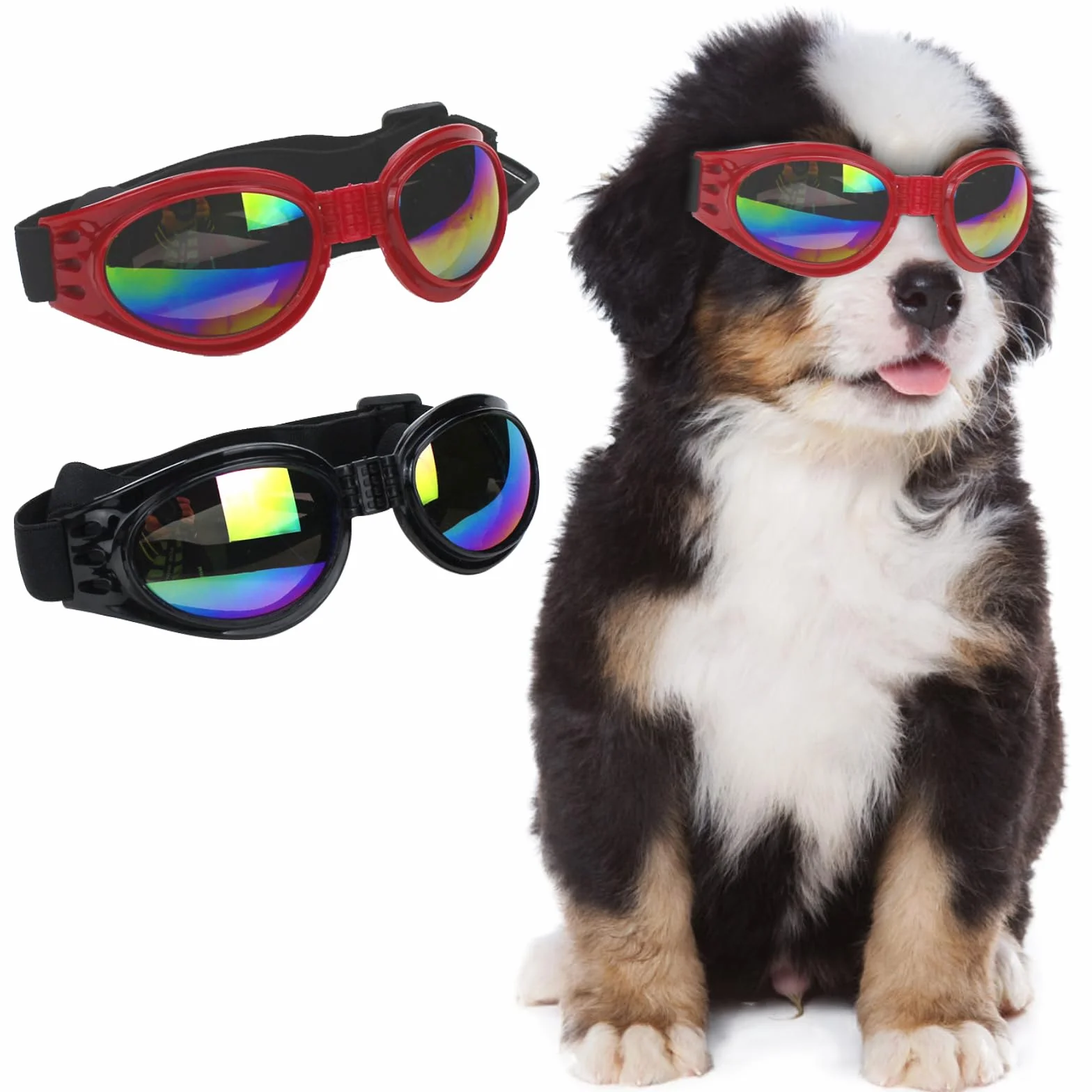 TYXHXTF 2 szt. gogli dla psów, okulary przeciwsłoneczne, wiatroszczelne, ochrona przed UV, przeciwmgielne, wodoodpornie, regulowany pas, okulary dla zwierząt domowych