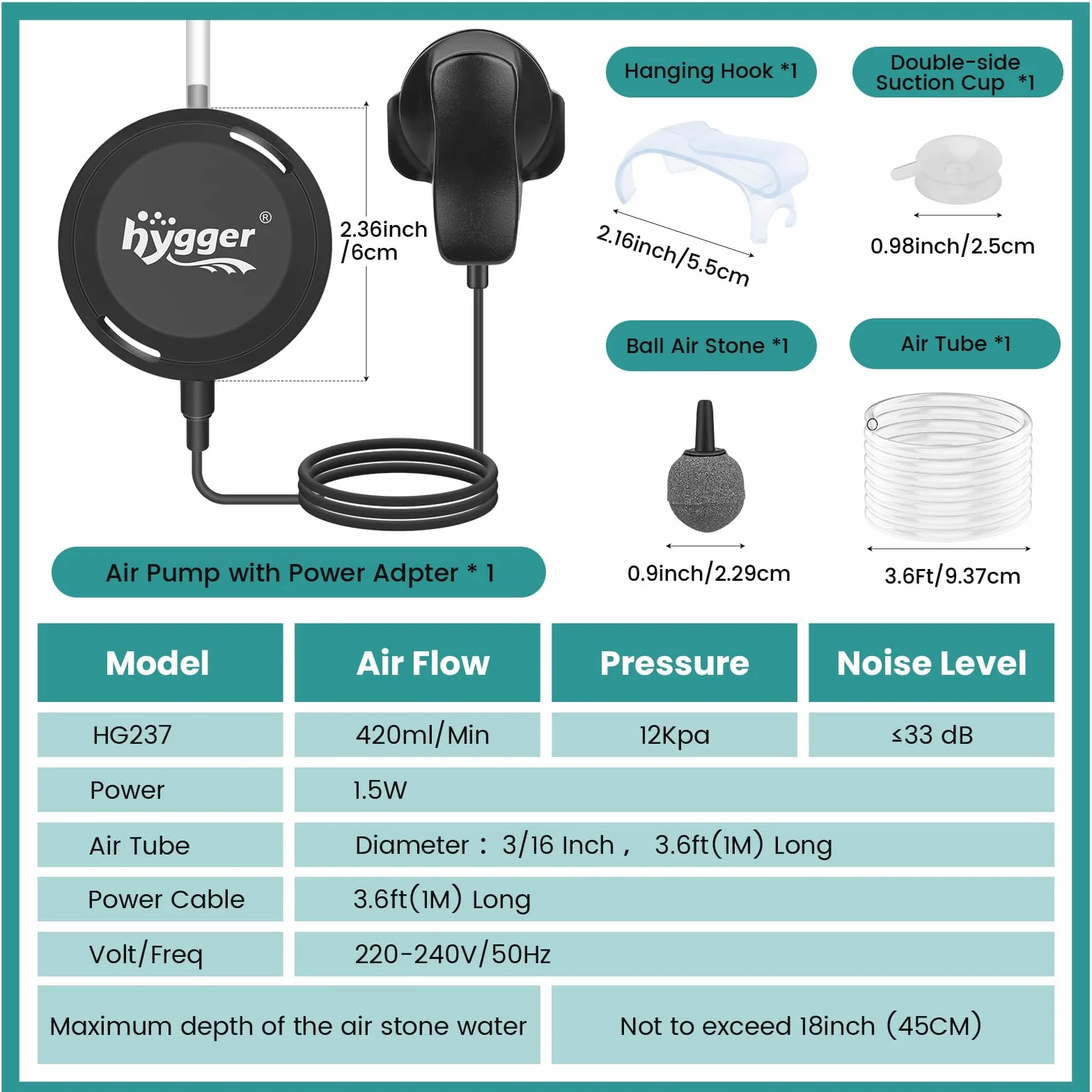 hygger Pompa powietrza do akwarium, cicha, mini pompa tlenowa do akwarium, 1,5 W, bardzo cicha ≤ 33 dB, 420 ml/min, pompa powietrza do akwariów do 40 l, z torbą ssącą, haczykiem wiszącym, wszystkie