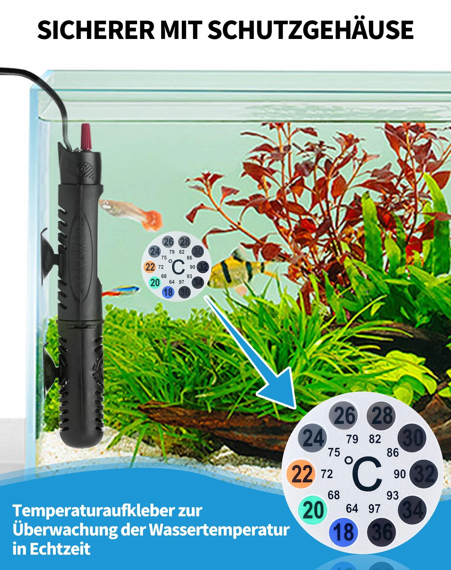 LAOYE Grzałka do akwarium 30L Grzałka akwariowa 25W Temperatura Regulowana Grzejnik do akwarium z lampką kontrolną przyssawkami osłoną ochronną Grzałka akwariowa do akwariów zbiorników na ryby, 20-34°