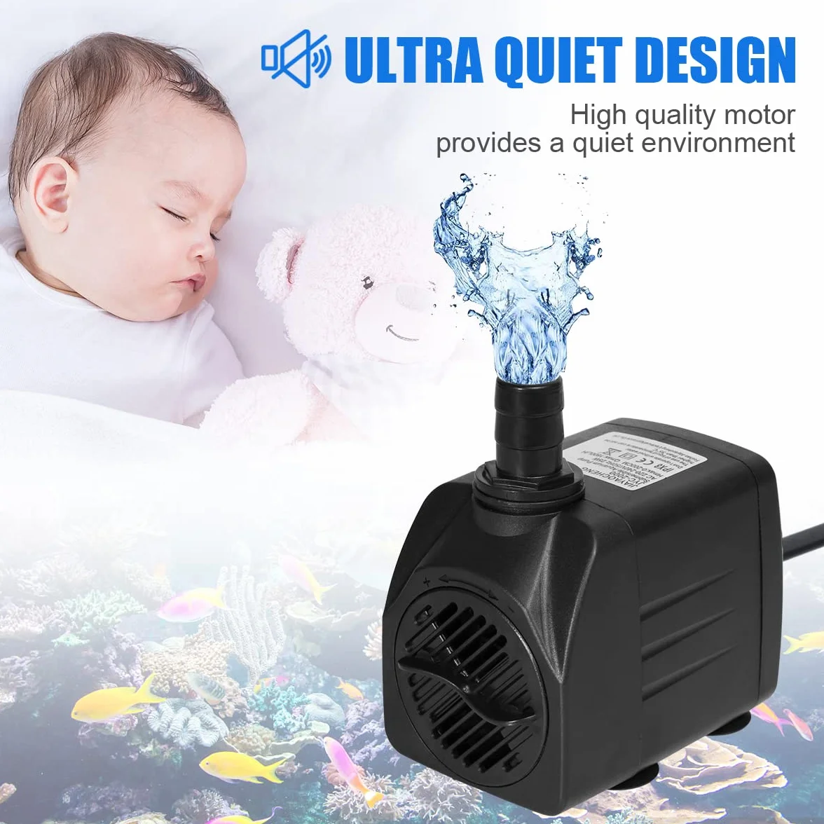 Flintronic Zatapialna Pompa Wodna 25 W 1500 l/wys., Cicha 400 Gph 2,2 m/7,2 m Do Akwarium, Fontanny, Statuetki, Hydroponiki, 4 Przyssawki, Przewód 1,4 m