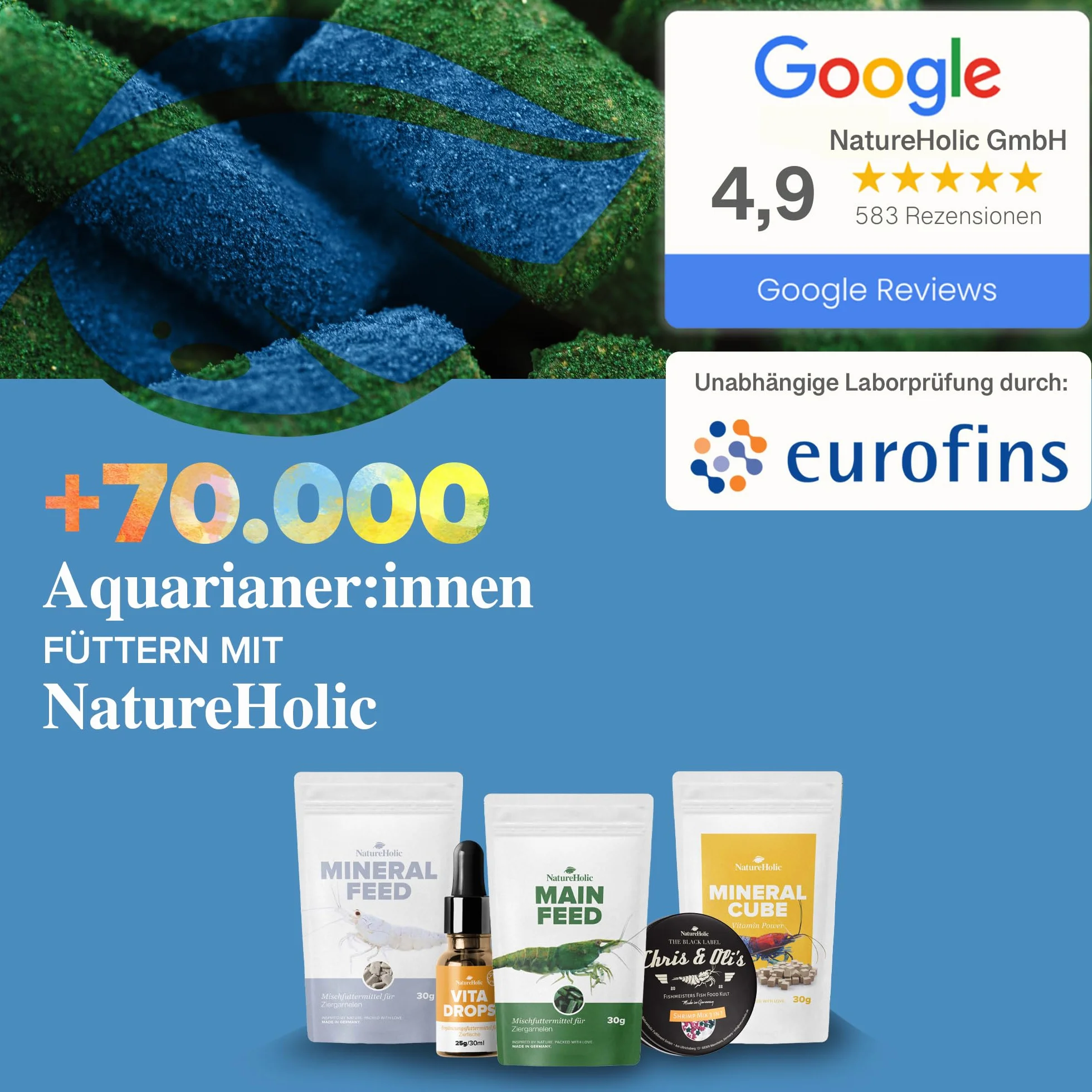 NatureHolic - Karma dla krewetek Mainfeed I pokarm dla krewetek w akwarium I Made in Germany I nie zawiera mączki rybnej I dla lepszego wzrostu i budowy zbiornika, 30 g