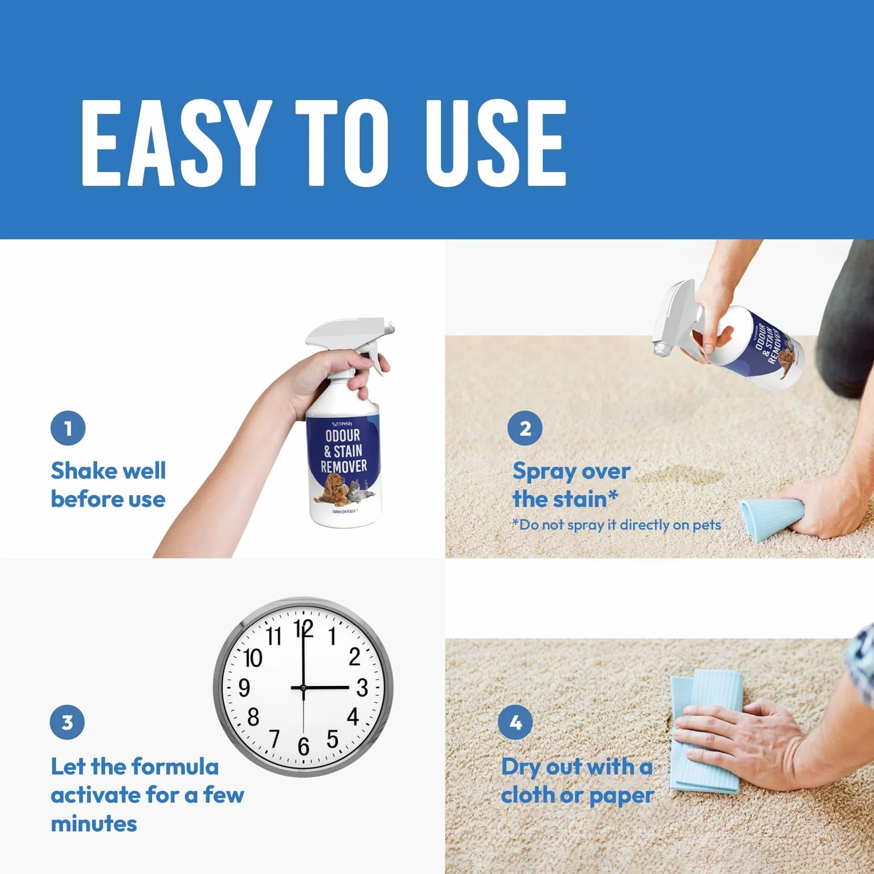 Petsly Pet Odour Remover Spray - 1L - Enzymatyczny środek do czyszczenia moczu kotów i psów - Usuwa zapachy i plamy z tkanin (dywany, sofy) i powierzchni (drewno, marmur) - Zapach cynamonu