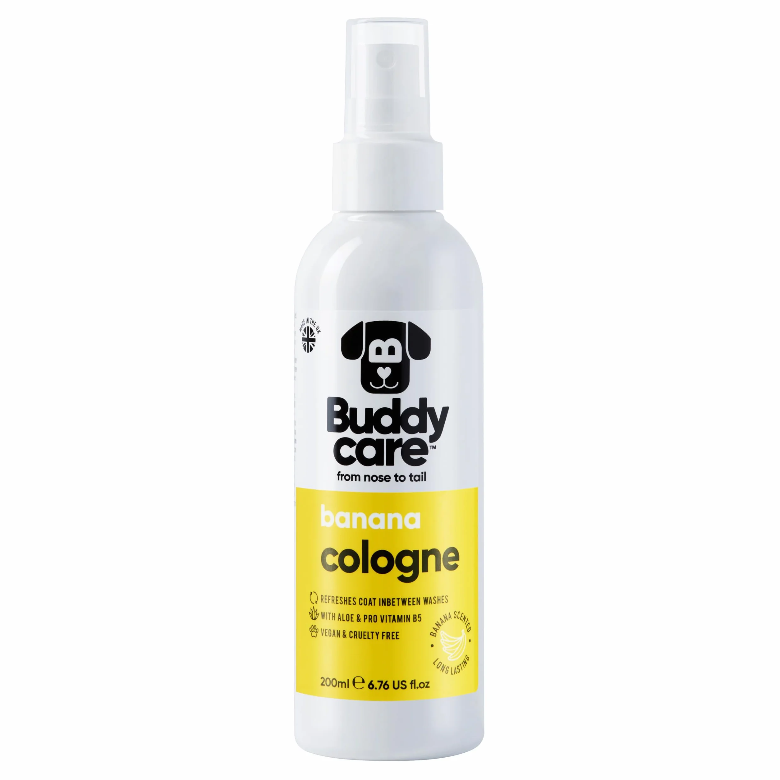Buddycare Woda kolońska dla psów - banan - owocowa i odważnie pachnąca woda kolońska dla psów – odświeżenie między kąpielami dla psów – z aloesem i pro-witaminą B5 (200 ml, 1 sztuka)