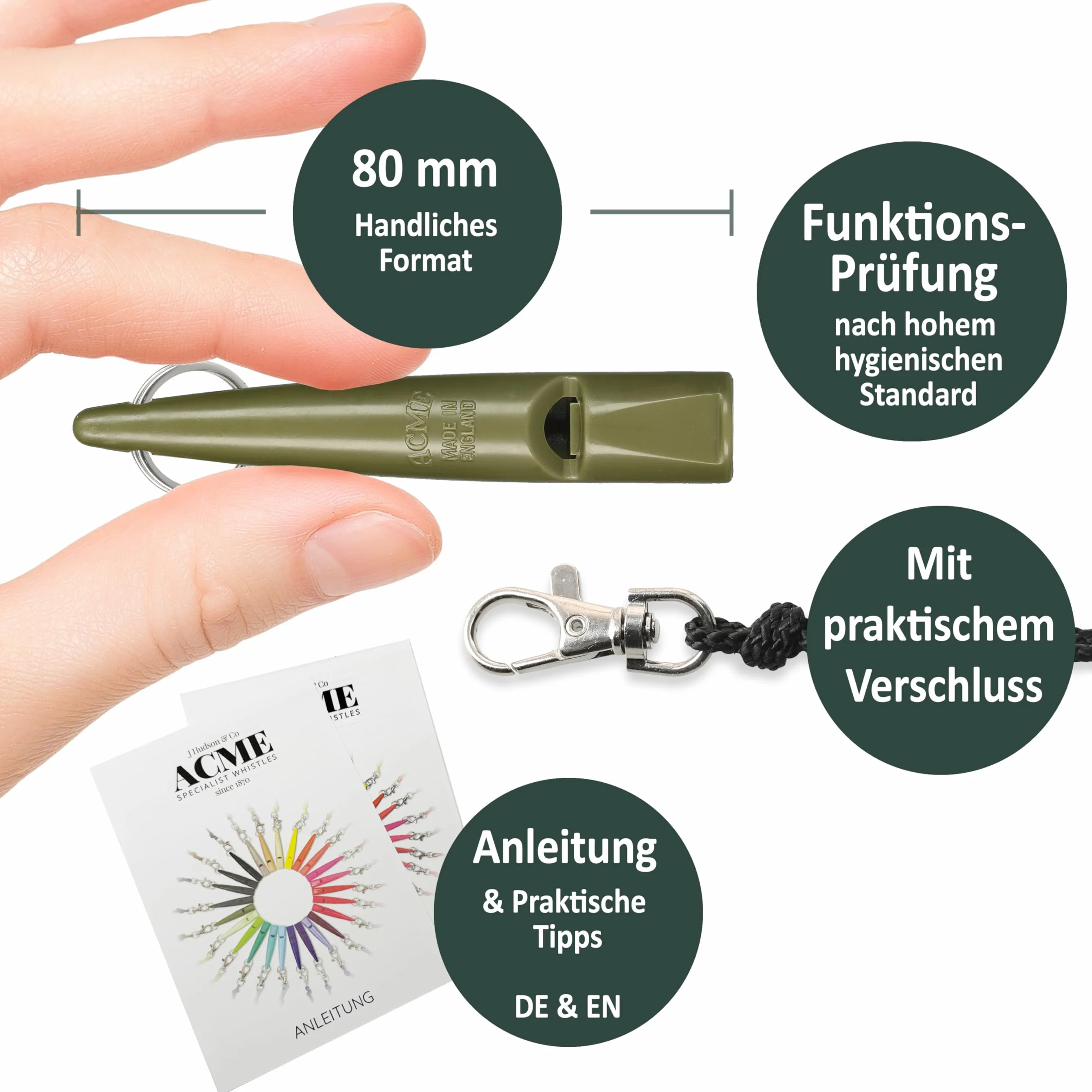 ACME Gwizdek dla Psa nr 211,5 + gratis smycz | Oryginalny z Anglii | Idealny do szkolenia psów | wytrzymały materiał | częstotliwość znormalizowana | Głośny i daleko idący (Olive Drap)