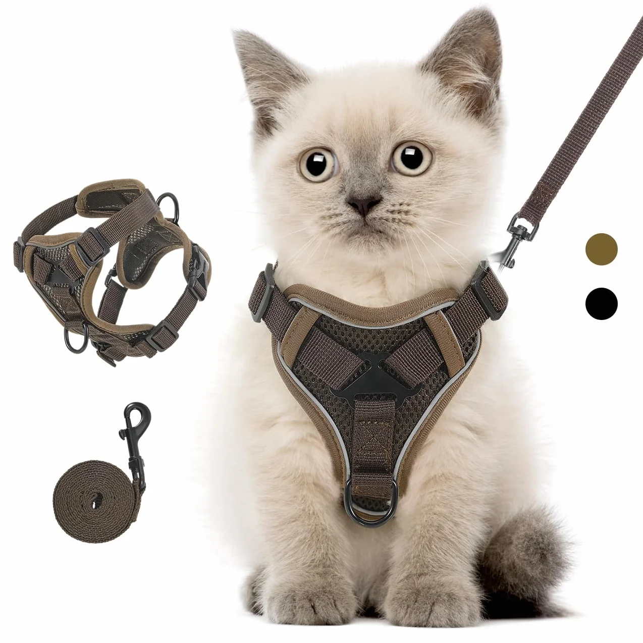 VavoPaw Cat Harness and Leash Set for Walking, Adjustable Kitten Vest Harness with Reflective Strip Breathable Mesh, Escape Proof Soft Pet Safety Vest for Cats, Kittens, Puppies, S Coffee
